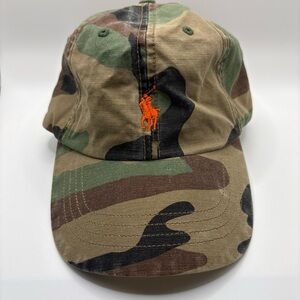 Vintage  Polo Ralph Lauren Orange Pony Camoflauge Adjustable Strapback Hat Cap